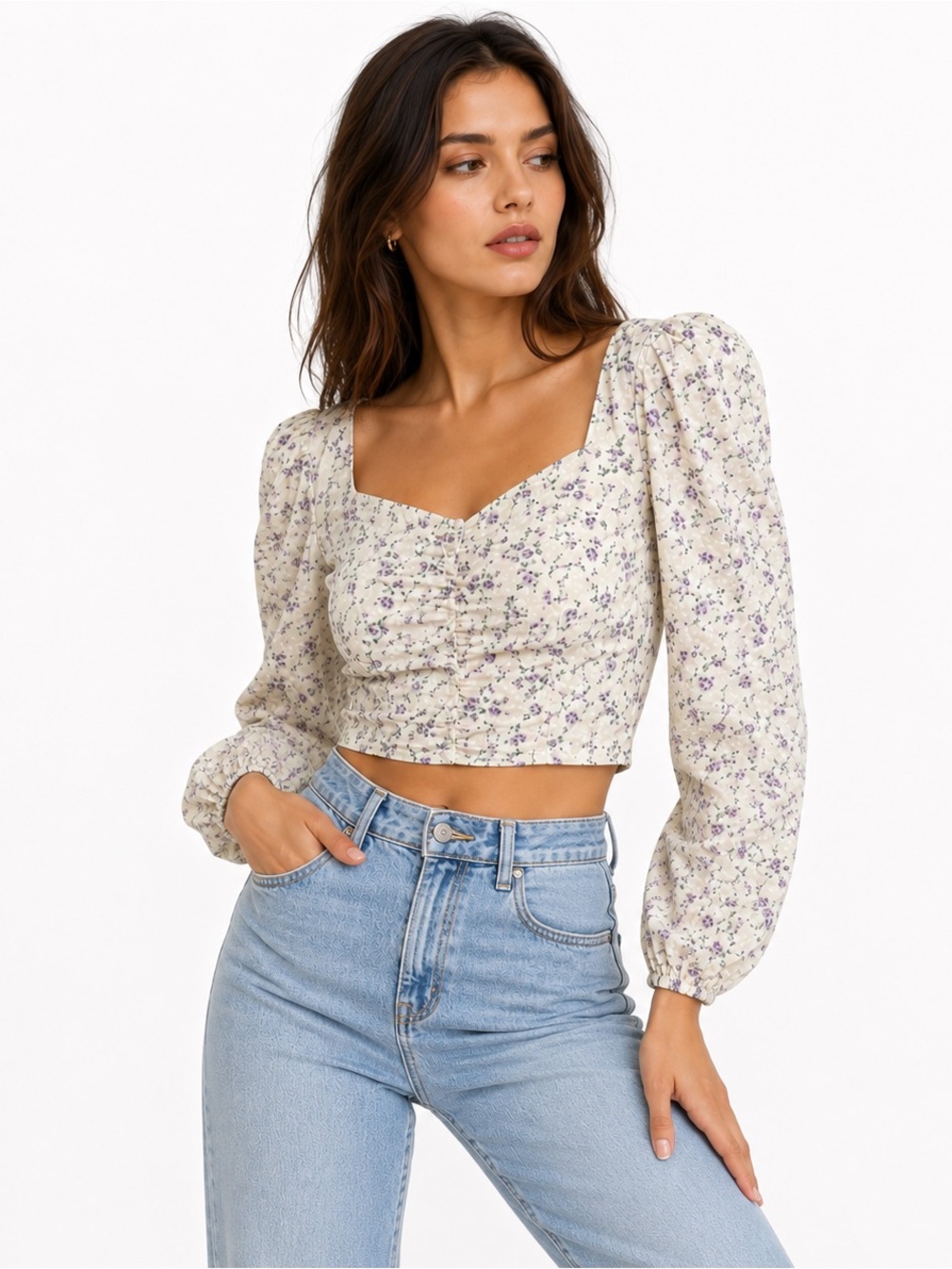 Vintage Cottagecore Floral Puff Sleeve Crop Top NWT Romantic Milkmaid Blouse - Picture 2 of 6
